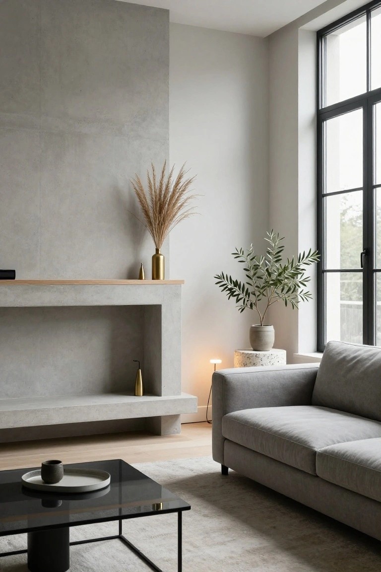 Modern living room with gray concrete fireplace mantle holding a black TV, tall pampas grass in vase, gold vases and candles, gray sofa, black glass coffee table, and large window.