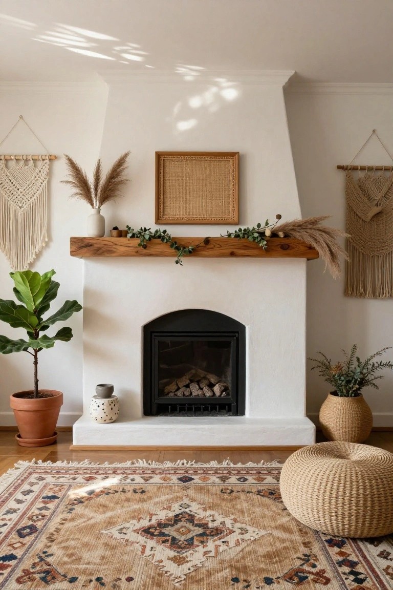 White arched fireplace with logs inside a black firebox, topped by a wooden mantel holding eucalyptus garland and pampas grass, surrounded by macrame wall hangings, potted plants, and a woven rug on wood floors.