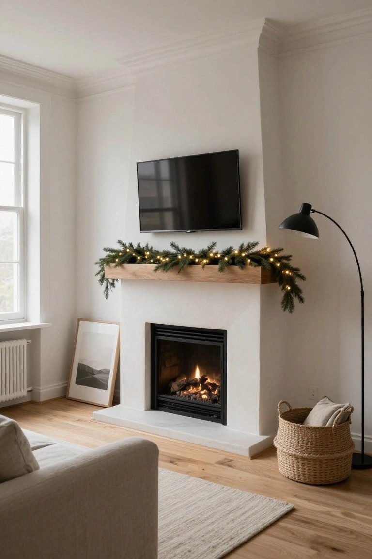 White gas fireplace with oak wood mantle decorated by evergreen garland and fairy lights, mounted TV above, arc floor lamp, framed art, beige sofa, and wicker basket in a light wood floor living room.