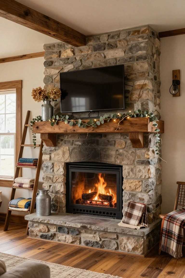 Stone fireplace in a living room with wooden beam mantel, mounted TV above, eucalyptus garland with string lights on mantel, ladders with blankets and quilts on one side, wooden chair with plaid throw on the other.