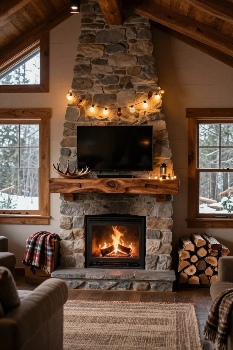 Rustic Wooden Mantel Over Stone Fireplace