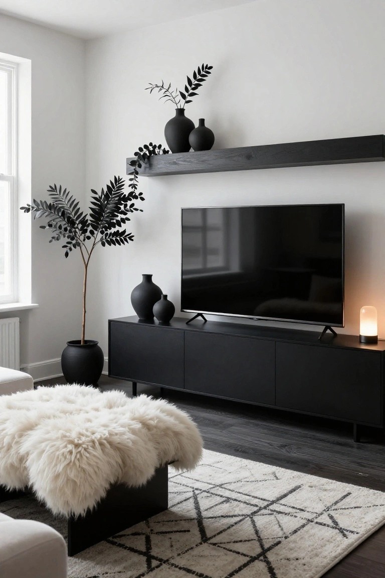 Modern living room featuring a wall-mounted TV above a black media cabinet, with a floating black wood shelf holding black vases and faux black trailing plants, a tall black faux tree in a black pot nearby, white sheepskin pouf on a black cube, and a white geometric rug on dark wood floors.