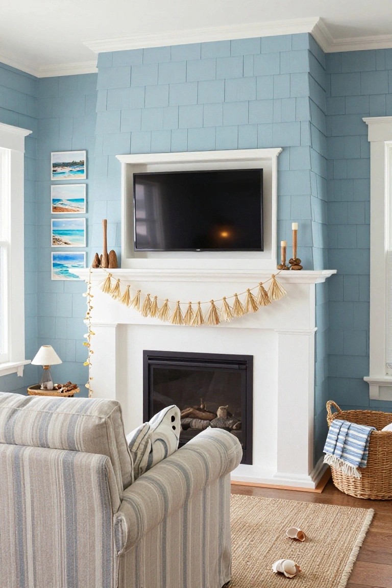 Living room corner with white fireplace mantle holding beige tassel garland, wooden candlesticks, shells, and lamp, black TV mounted above, light blue shiplap walls, striped armchair, seagrass basket, and rug on wood floor.