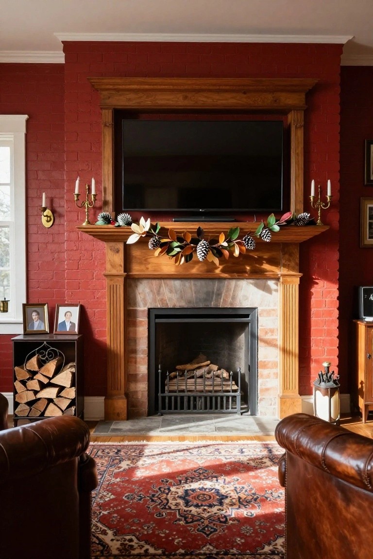 Red brick interior wall with wooden mantel over stone fireplace, black TV mounted above, fall garland of leaves and pinecones on mantel, wood firewood rack beside, framed photos, red oriental rug, and brown leather armchairs in foreground.