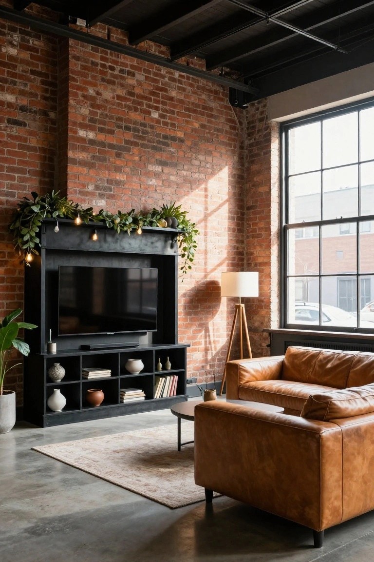 Industrial living room with exposed brick walls and black metal ceiling, featuring a large black entertainment center with TV and shelves, garland and string lights draped over the top, tan leather sofa, coffee table, tripod lamp, and potted plants on a concrete floor.