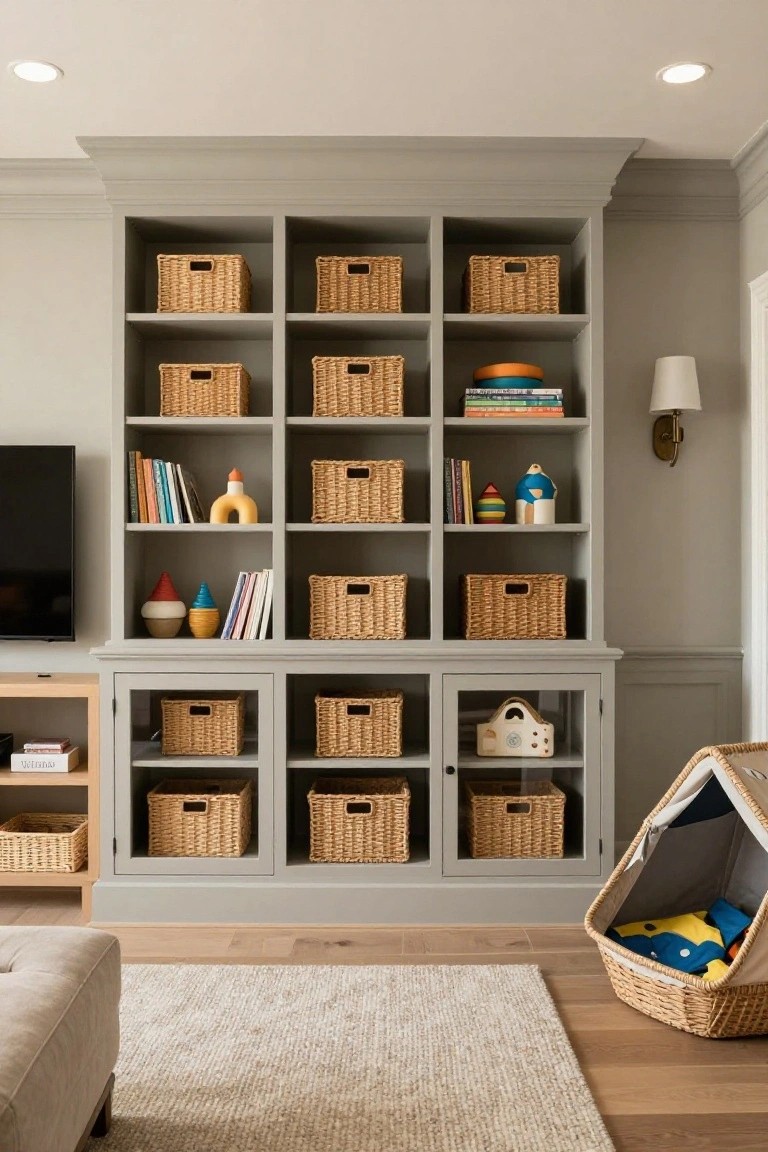 Gray built-in shelving unit filled with wicker baskets, books, toys, and ceramics next to a wall-mounted TV, with a beige sofa, side table, and dog tent on wood floors in a living room.