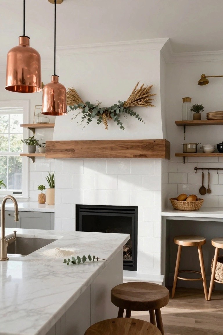 Kitchen fireplace with white subway tile surround and wood mantle decorated with wheat sheaf and eucalyptus garland, adjacent marble island with copper pendant lights and wooden stools.