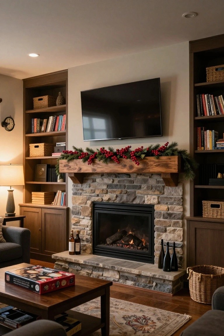 Living room stone gas fireplace with TV mounted above mantel holding wooden trough of pine garland and red berries, flanked by wood bookshelves with baskets and wine bottles on sides, coffee table with board game nearby.
