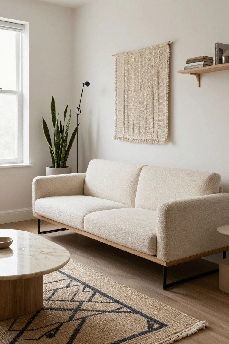 A light living room with a cream boucle two-seater sofa, oval marble coffee table on a jute rug, potted snake plant, macrame wall hanging, wooden shelves with books, and an arched floor lamp next to a window.