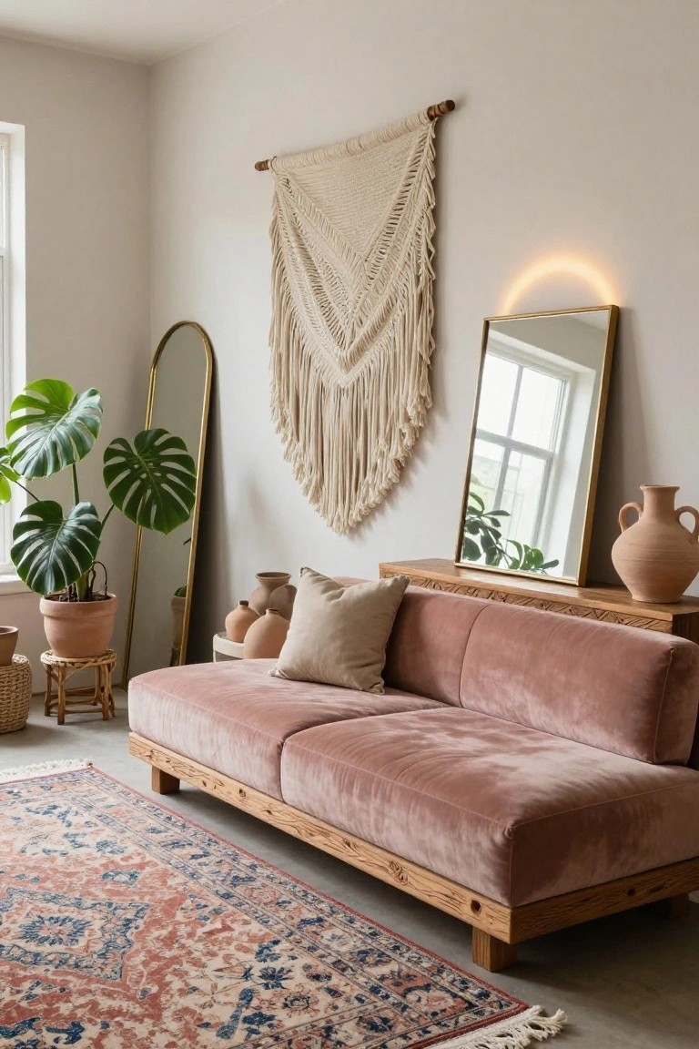 A living room corner with a low blush pink velvet sofa on wooden frame, macrame wall hanging, gold arched mirror, monstera plant, terracotta pots, and patterned rug.