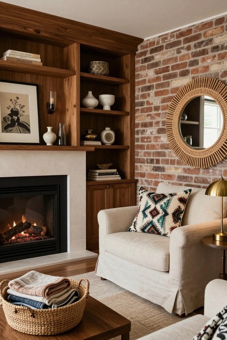 Living room with exposed brick wall and fireplace framed by wooden built-in shelving and cabinets filled with books, ceramics, and art, plus a cream slipcovered armchair, patterned pillow, gold lamp, and woven basket of throws on wood coffee table.