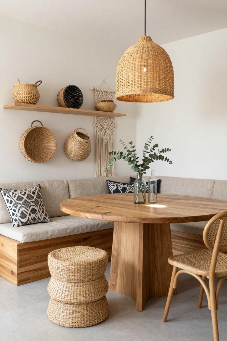 Indoor dining nook with light gray corner bench seating, round wooden table, rattan-back chairs, stacked woven stools, multiple woven baskets on wall shelves, eucalyptus in glass vases, and large rattan pendant light overhead.