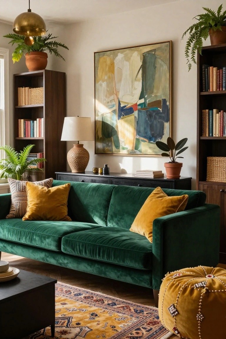 Living room with emerald green velvet sofa topped with yellow pillows, black console table, wood bookshelves with books and plants, abstract painting, table lamp, pendant light, and patterned rug on wood floor.