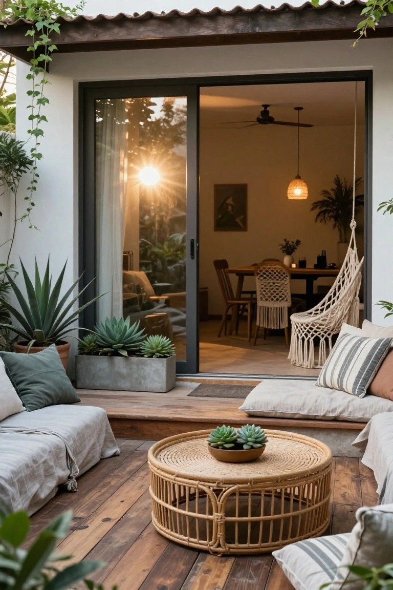 Outdoor wooden deck with low beige linen-upholstered bench seating, round woven rattan coffee table holding potted succulents, surrounding potted plants including agaves and ivy on white stucco wall, open sliding glass doors to interior dining area with wooden table, chairs, macrame hammock chair, and hanging lamp under tiled roof.