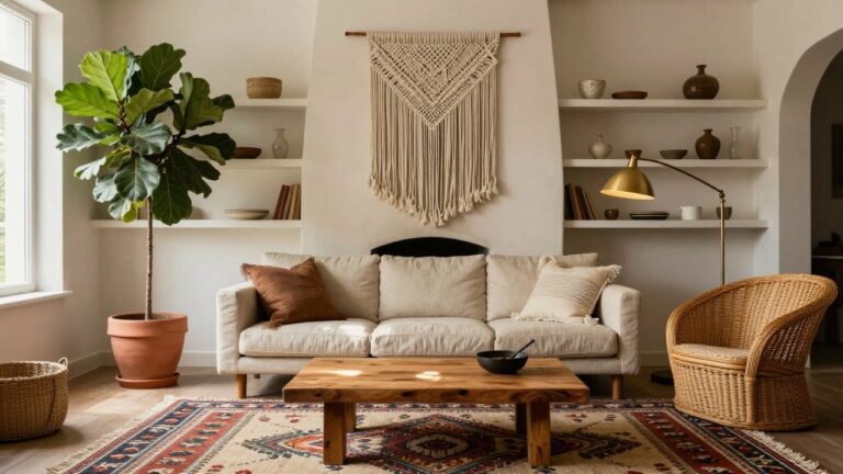 Cozy living room corner with beige linen sofa, low wooden coffee table on patterned rug, orange rattan armchair, large potted fiddle leaf fig next to gold floor lamp, two cream macrame wall hangings, and arched white niche shelves holding baskets and pottery.