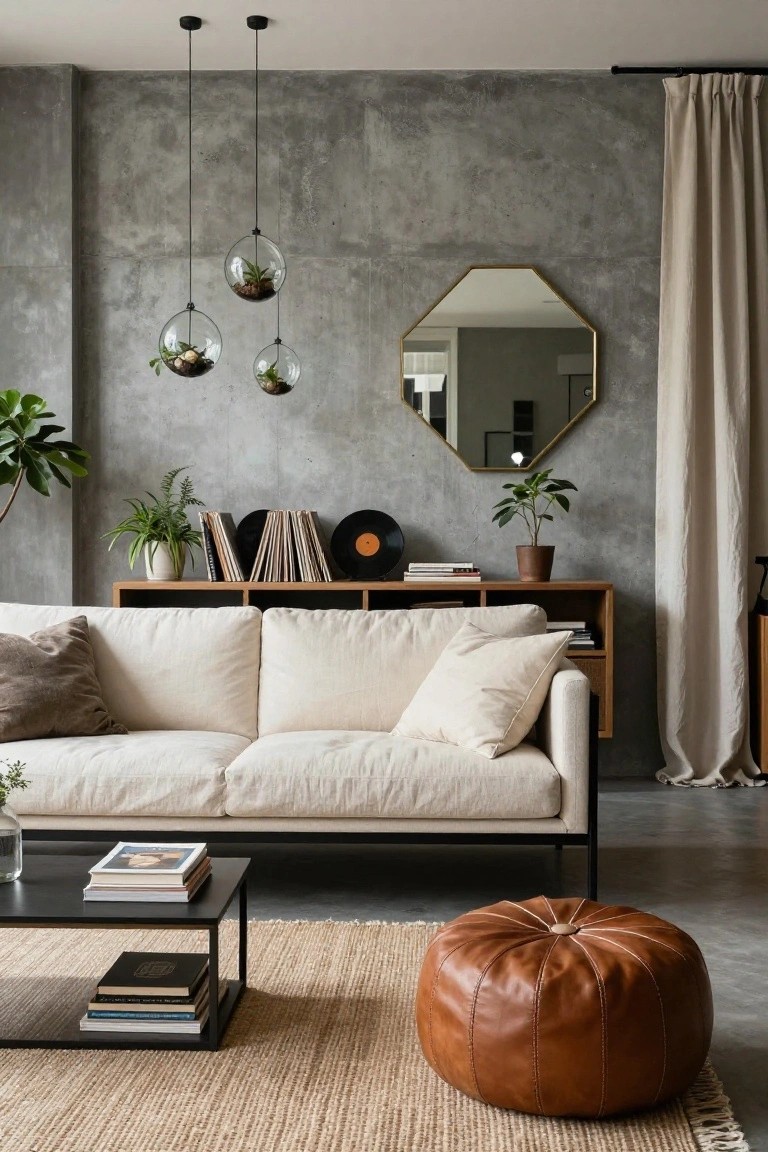 Modern living room with gray concrete accent wall, three suspended glass spheres containing plants, gold octagonal wall mirror, wooden credenza displaying vinyl records, cream fabric sofa, black metal coffee table with books, tan leather pouf, and beige jute rug on concrete floor.