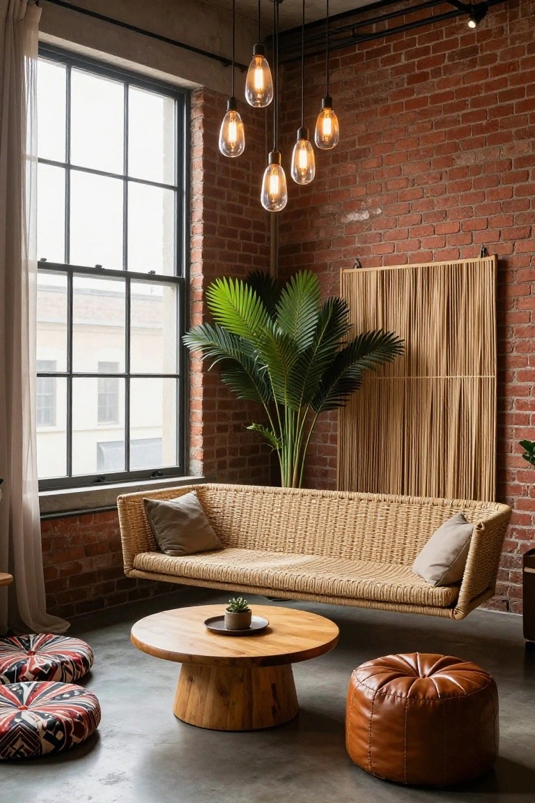 Modern boho living room interior with suspended rattan sofa with gray cushions, wooden pedestal coffee table holding a potted succulent, colorful patterned floor poufs, tall potted palm plant, reed wall screen, exposed brick walls, large industrial windows with sheer curtains, and hanging bulb pendant lights.