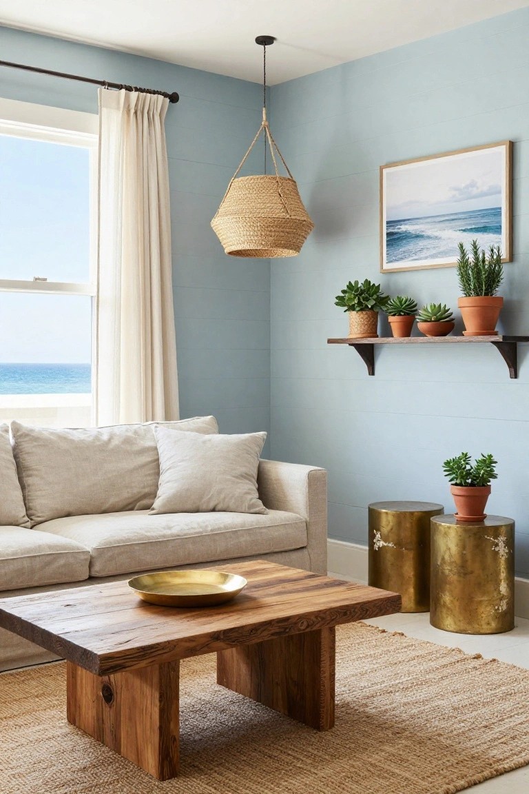Pale blue shiplap-walled living room corner with white linen sofa, wooden coffee table holding a gold bowl, two brass drum stools, potted plants on wall shelf, rattan basket pendant light, sheer curtains on window overlooking ocean, and jute rug on floor.