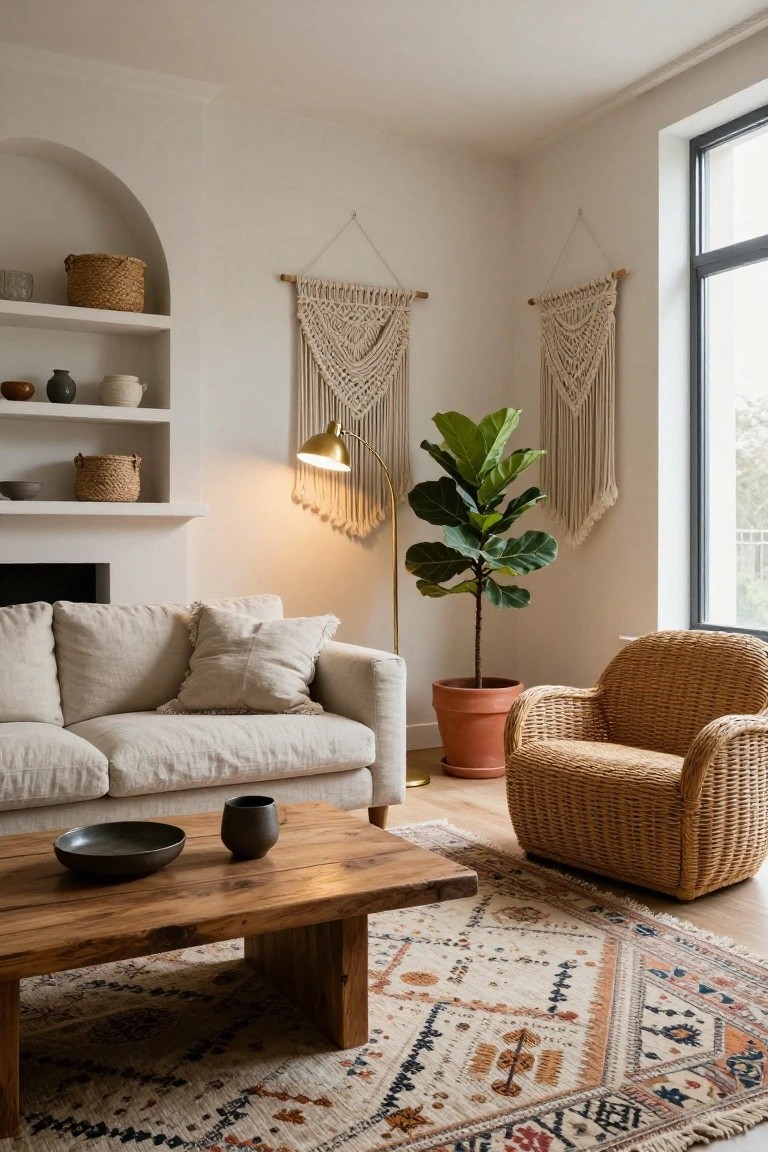 Cozy living room corner with beige linen sofa, low wooden coffee table on patterned rug, orange rattan armchair, large potted fiddle leaf fig next to gold floor lamp, two cream macrame wall hangings, and arched white niche shelves holding baskets and pottery.