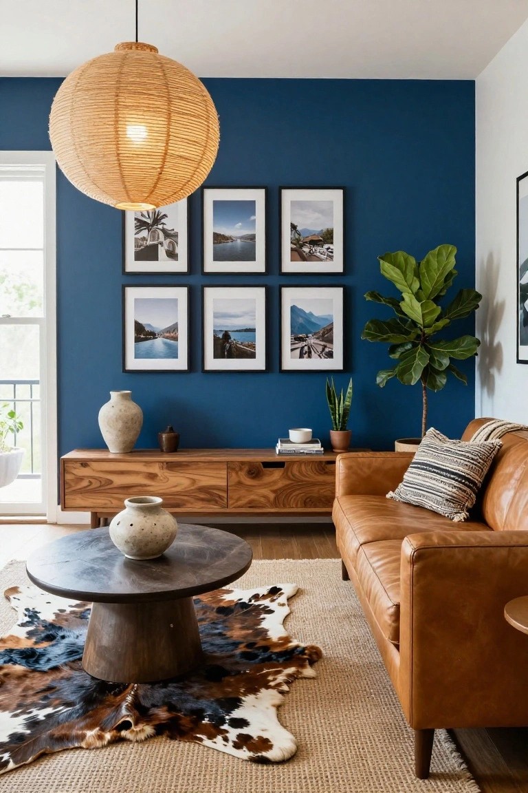 A living room with navy blue accent wall, wooden media console and coffee table, tan leather sofa on cowhide rug over jute, rattan pendant light, framed photos, and potted plants near a window.