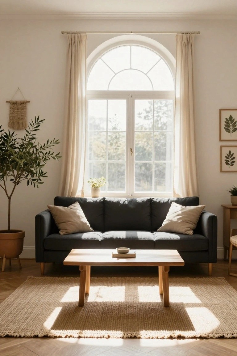 Sunlit living room with dark gray sofa topped by beige pillows, low wooden coffee table on seagrass rug, tall potted olive tree in terracotta pot, macrame hanger on wall, and arched window with sheer curtains.