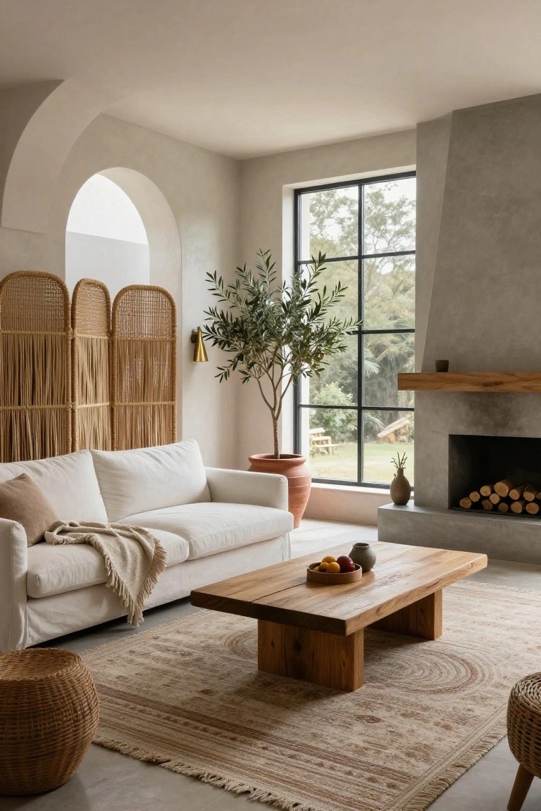 A light-filled living room with white sofa on a beige rug, low wooden coffee table, rattan folding screens, potted olive tree, terracotta pots, and a concrete fireplace beside a large window with trees outside.