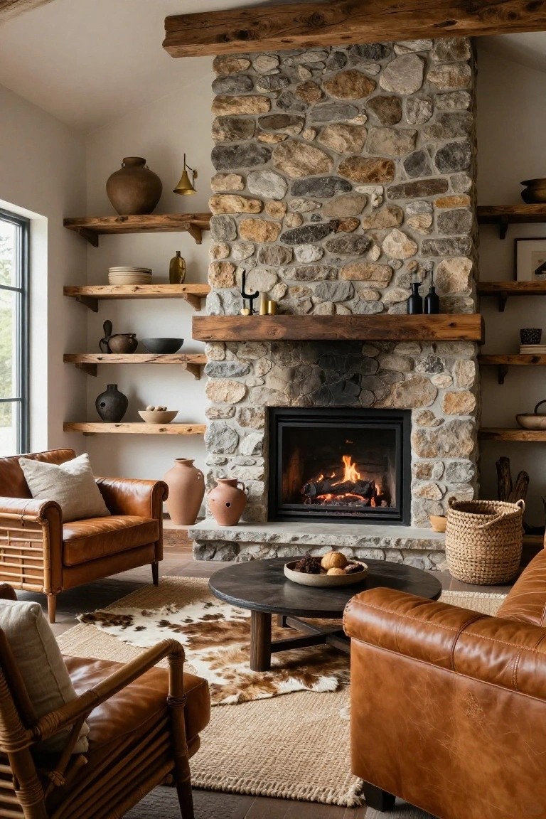 Living room with tall stacked stone fireplace, wooden floating shelves displaying pottery and vases, two leather armchairs, round black coffee table, and seagrass rug.