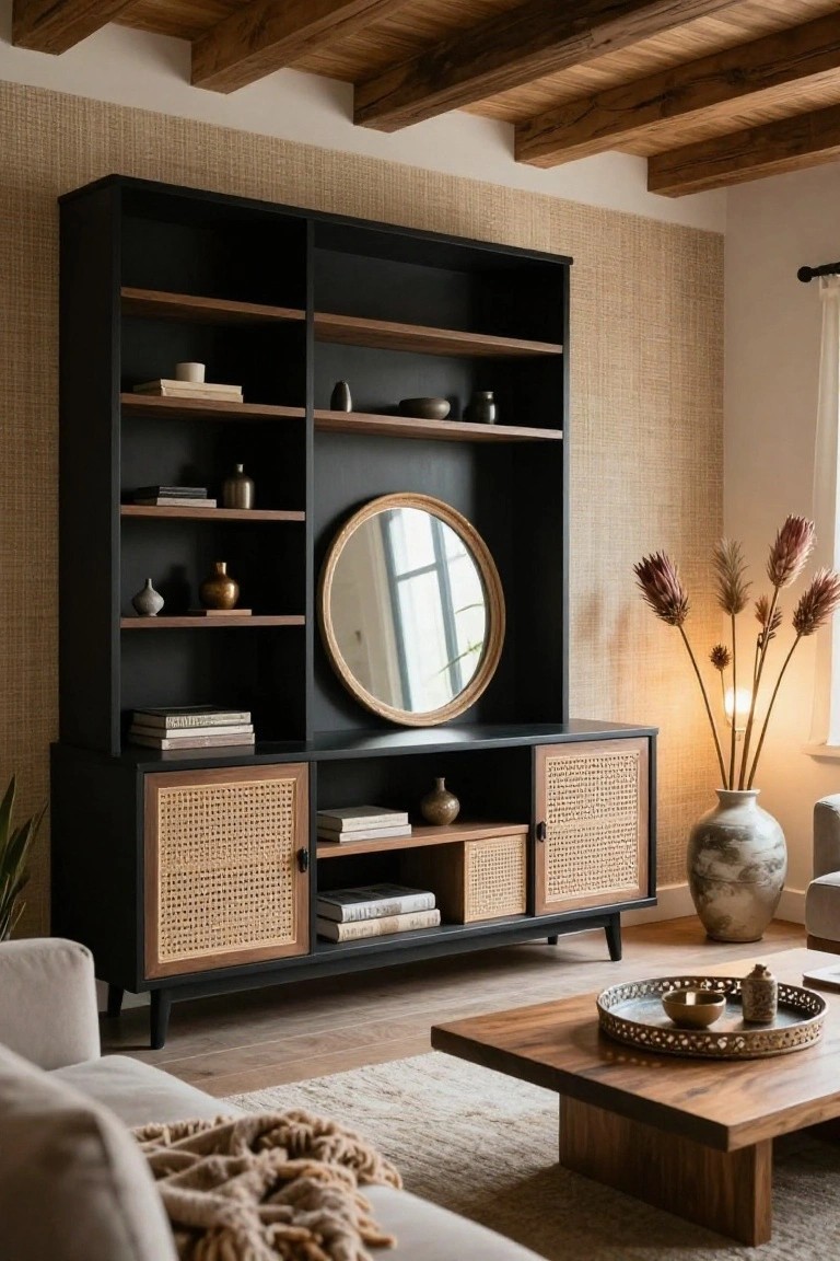 Tall black shelving unit with open shelves, cane-front cabinets, and a round rattan mirror in a living room with beige sofa, wooden coffee table, dried pampas grass, and wood beam ceiling.