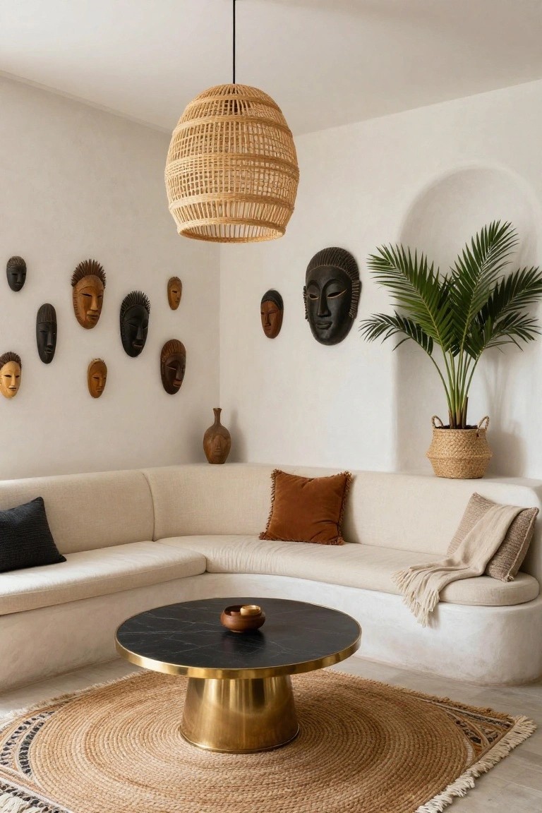 Living room corner with curved beige sofa, black marble round coffee table on seagrass rug, rattan pendant light overhead, potted palm plant in basket, terracotta vase, and multiple wooden tribal masks of varying sizes and styles mounted on white curved walls.