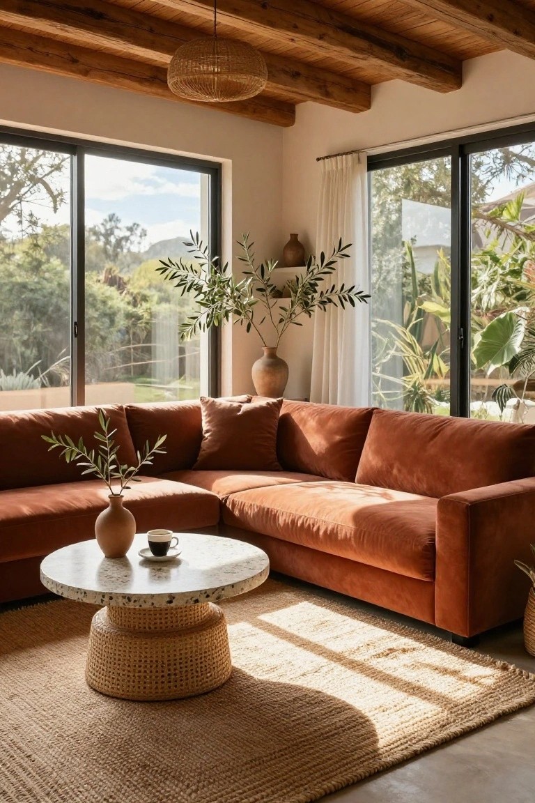 A corner of a modern boho living room with an L-shaped terracotta velvet sofa, marble coffee table on woven base, seagrass rug, olive branches in vases, terracotta pots, large sliding glass windows showing greenery, and exposed wooden beams on the ceiling.