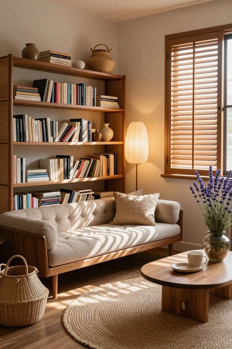 Tall wooden bookshelves filled with assorted books, ceramics, and baskets in a light-filled living room with a beige tufted sofa, oval wooden coffee table, seagrass rug, rattan floor lamp, and vase of lavender near wooden-shuttered windows.