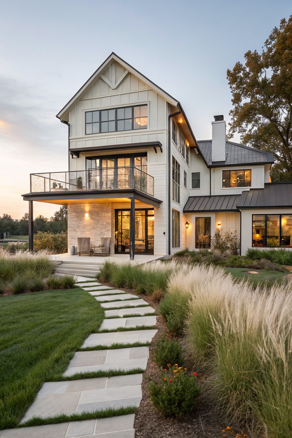 Three-story modern farmhouse exterior with white board-and-batten siding, large black-framed windows, upper cable-rail balcony, covered front porch with light brick accents and seating, attached metal-roofed wing, and stone pathway through tall ornamental grasses.
