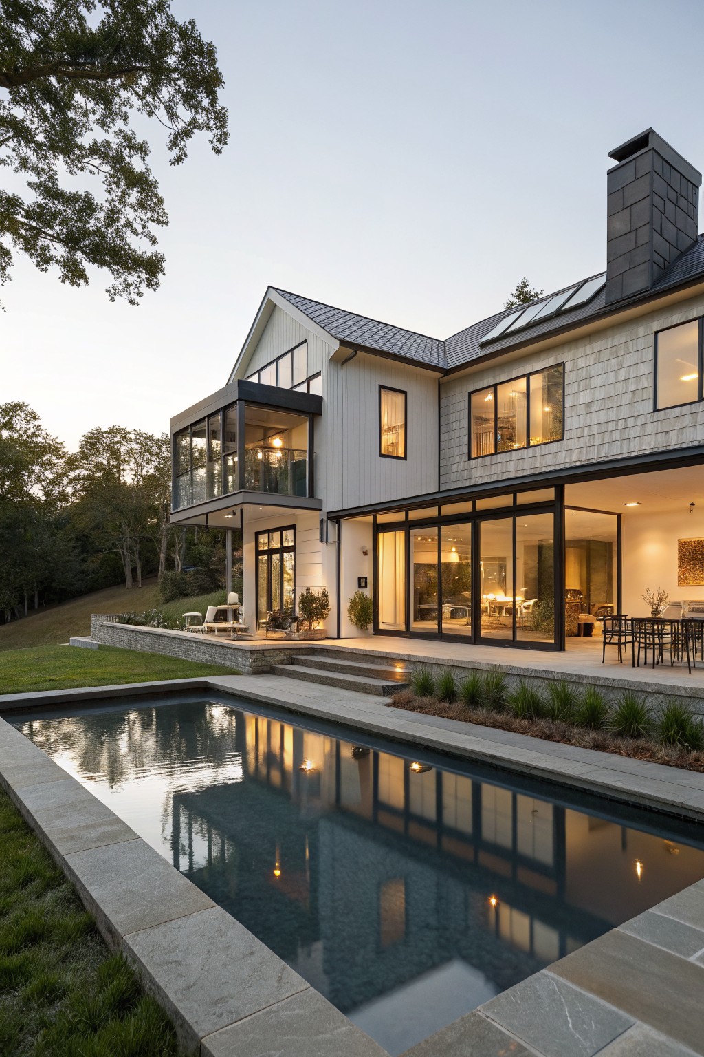 Rear view of a three-story modern farmhouse house with white shiplap siding, black metal-framed cantilevered glass balcony, large sliding glass doors opening to a rectangular pool and stone terrace, surrounded by trees, lawn, and landscaping at dusk.
