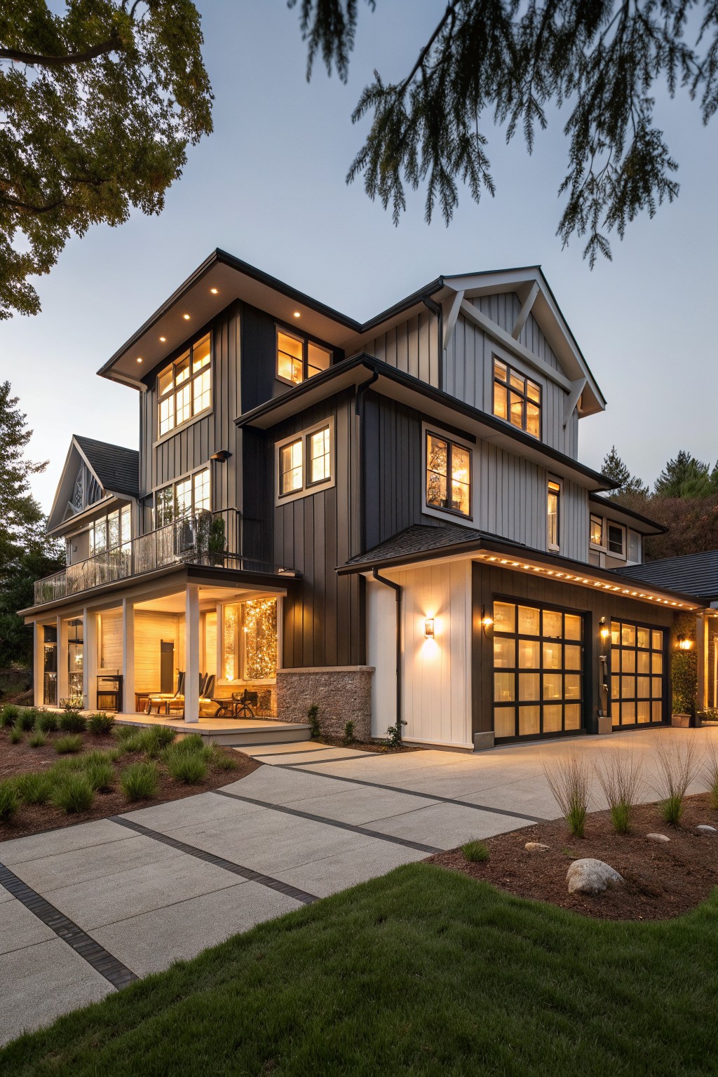 Three-story modern farmhouse house exterior at dusk featuring dark gray siding on upper levels, white garage doors, lit windows, a balcony, covered porch, and concrete pathway with grasses in the foreground.