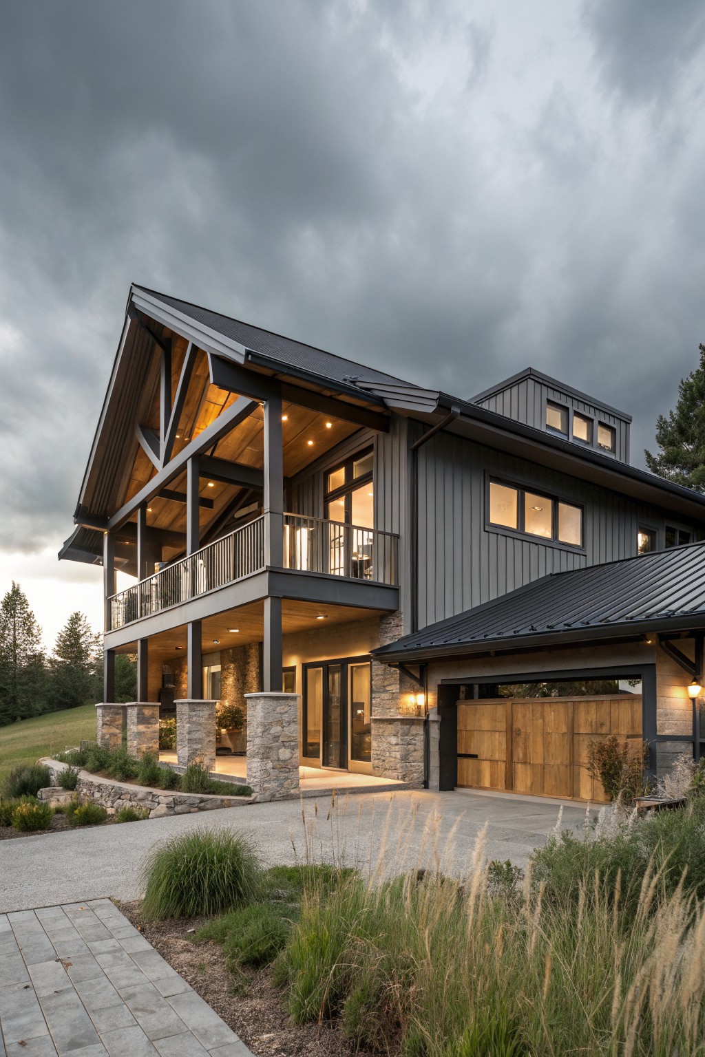 Three-story modern farmhouse house exterior featuring gray board-and-batten siding, exposed wooden beams and posts supporting a second-floor balcony, stone pillars at the entry, wooden garage door, driveway, and ornamental grasses under a cloudy sky.