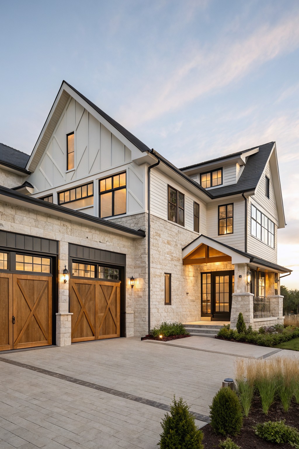 Three-story modern farmhouse house exterior with white shiplap siding, black metal roof, stone base around double wood garage doors, glass entry doors, and driveway pavers at dusk.