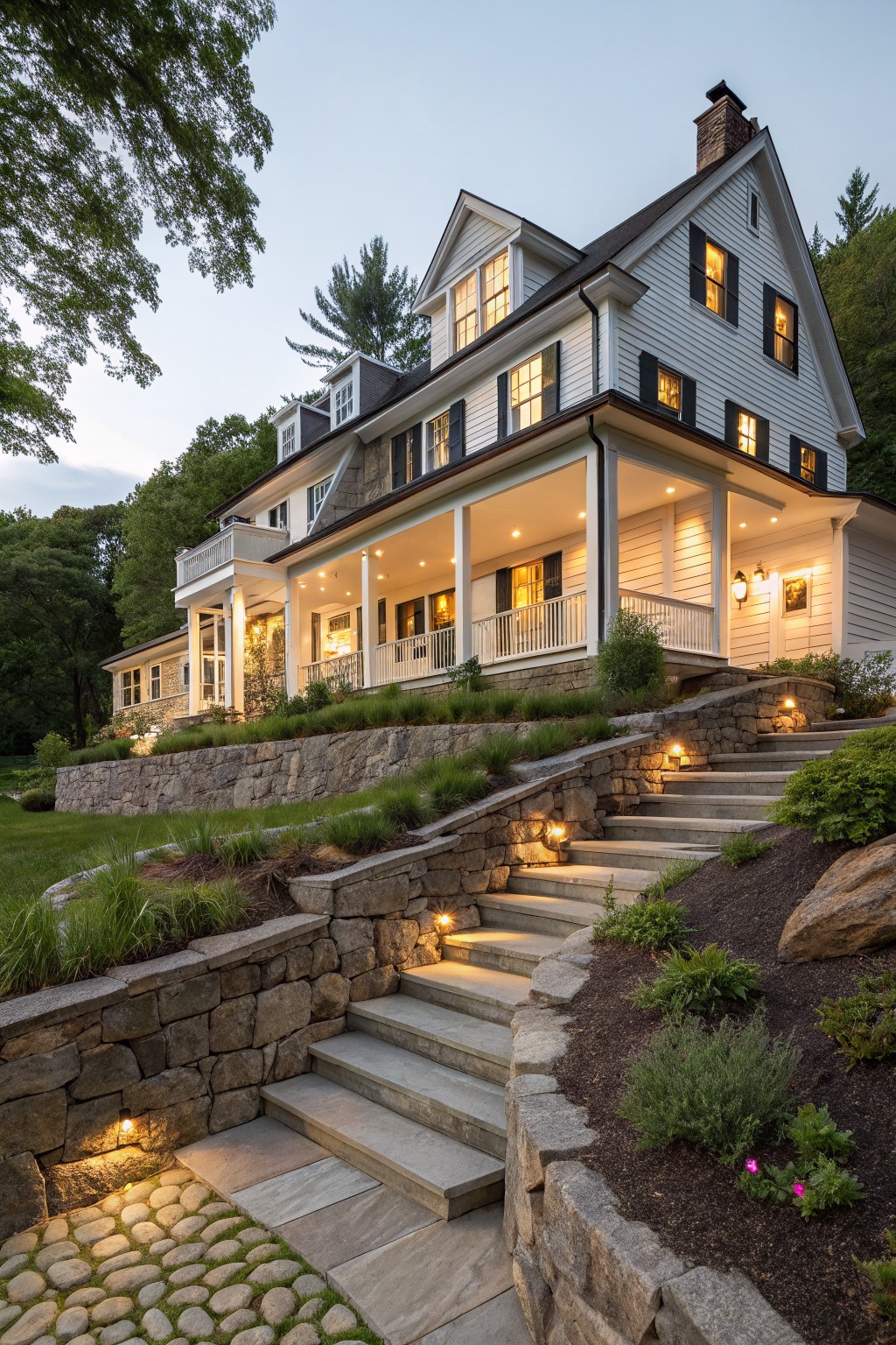 White three-story modern farmhouse with gabled roof and wraparound porch on a hillside, approached by curving concrete steps flanked by stone retaining walls and landscaped plantings at dusk.