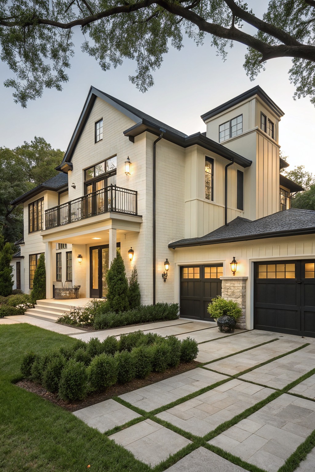 Three-story modern farmhouse exterior featuring light siding, black roof and trim, a tall corner tower, second-floor balcony, double garage, steps to entry, paver pathway, and boxed shrubs.