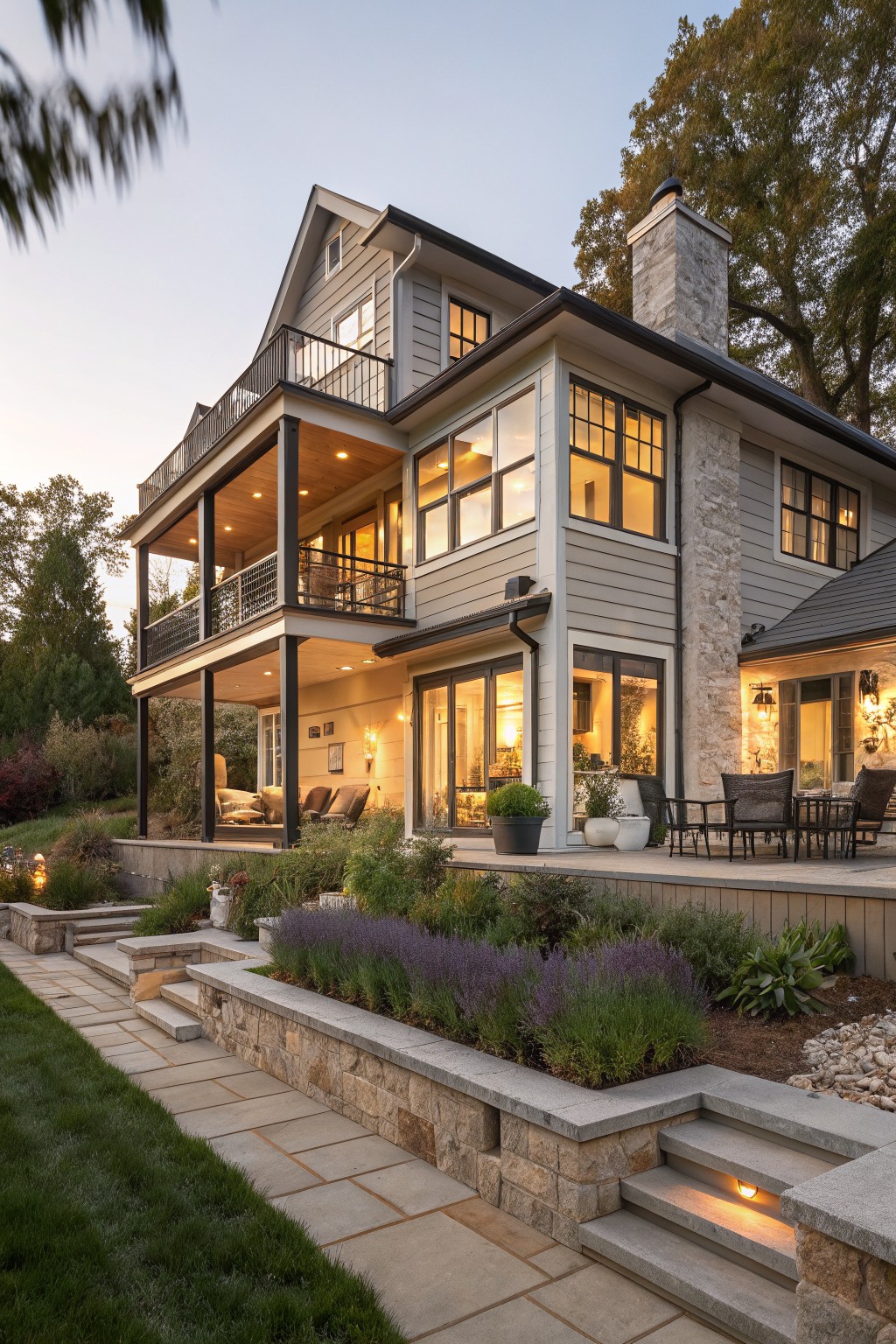 Three-story modern farmhouse exterior with gray siding, stone chimney and accents, multi-level wooden decks and balconies with black railings, lower patio seating, steps, planting beds, and lawn at dusk.