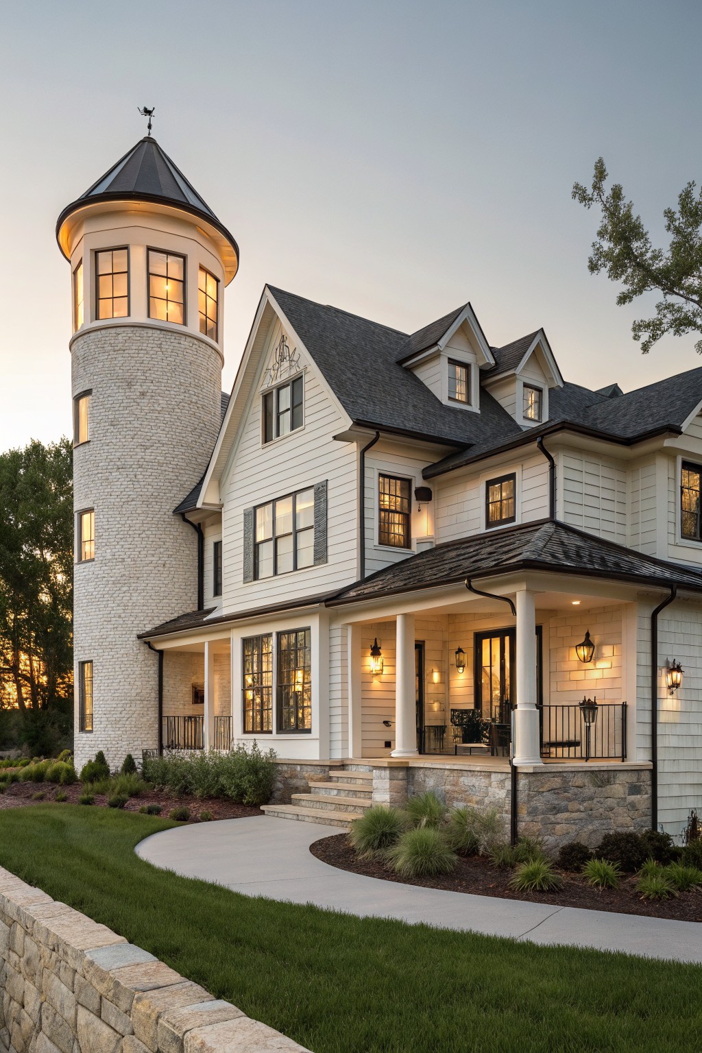 Three-story modern farmhouse exterior at dusk with a tall round light stone tower, white clapboard siding, black shutters, front porch with columns, stone retaining wall, curved concrete path, and lawn with shrubs.
