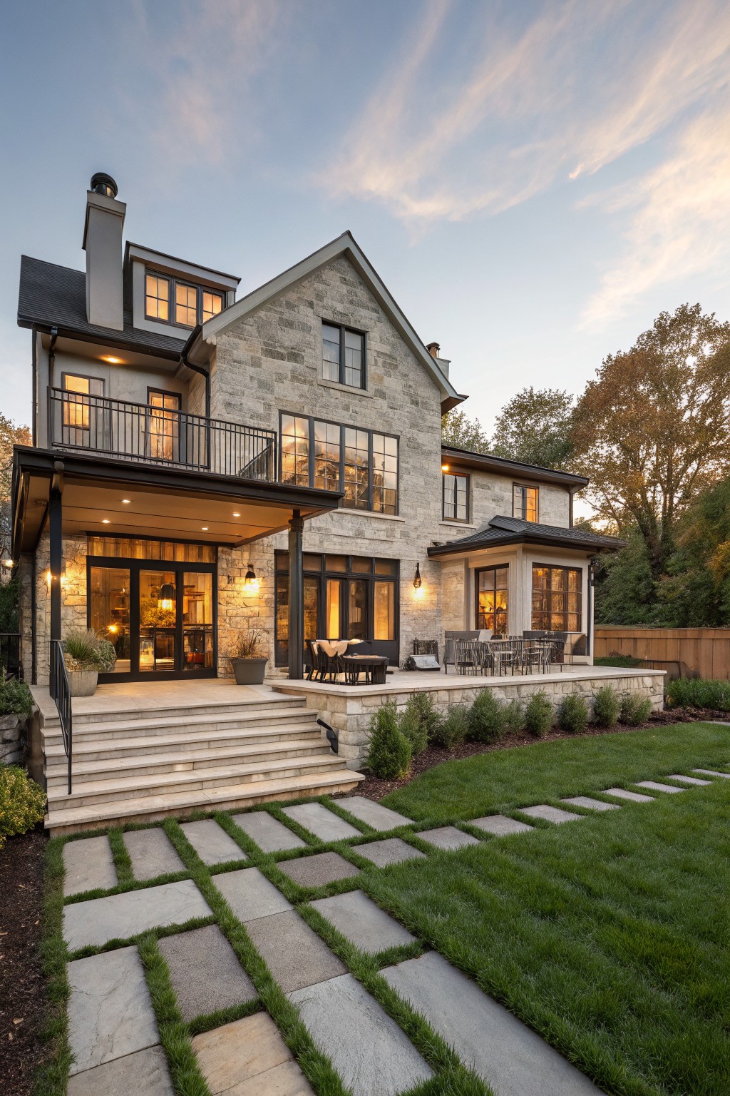 Three-story house exterior with textured stone walls, black metal balcony and railings, large windows, covered porch with glass doors, stone steps, and grass pathway with pavers at dusk.