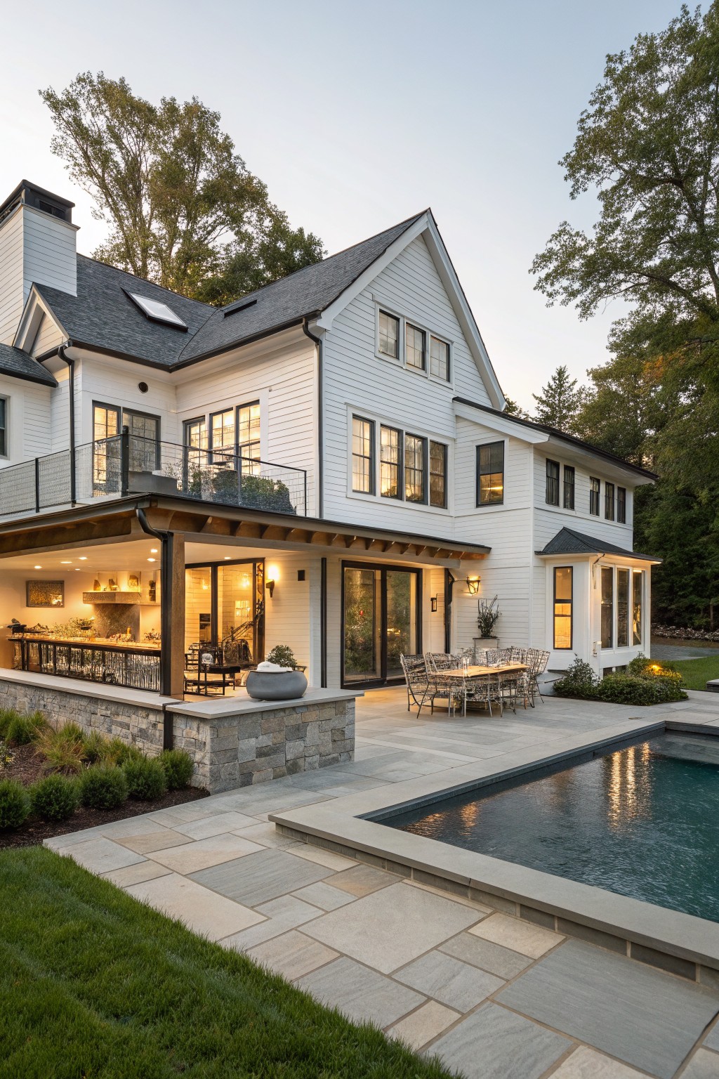 Side view of a three-story white clapboard house with black-framed windows, gabled dark shingled roof, wire-railed second-story balcony, wood-beamed covered porch with outdoor bar and dining table, stone retaining wall, bluestone-paved pool deck with inground pool, shrubs, grass, and trees.