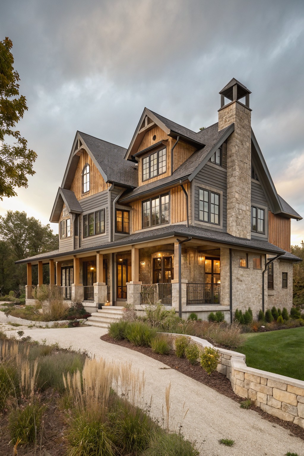 Three-story modern farmhouse with gabled roofs, vertical wood siding, tall stone chimney, wraparound porch with timber columns and stone bases, gravel pathway, and native plantings.