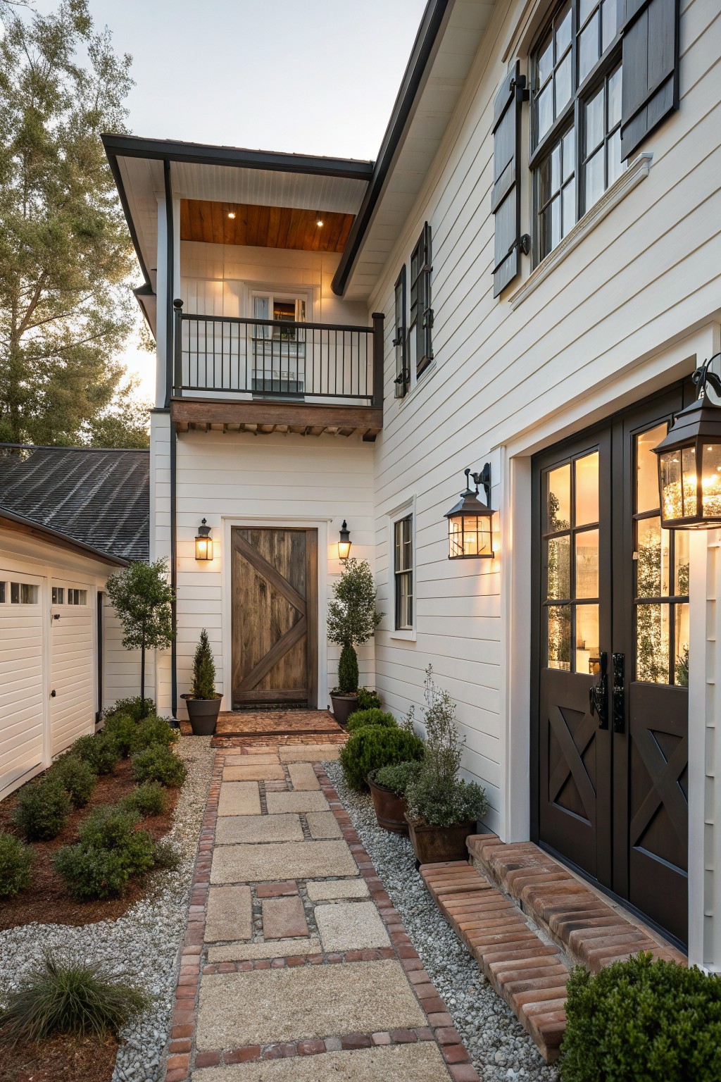 Side exterior of white board and batten house featuring a tall wooden barn door with X bracing flanked by lanterns, stone paver path in gravel bed, garage door, upper balcony, and low shrubs.