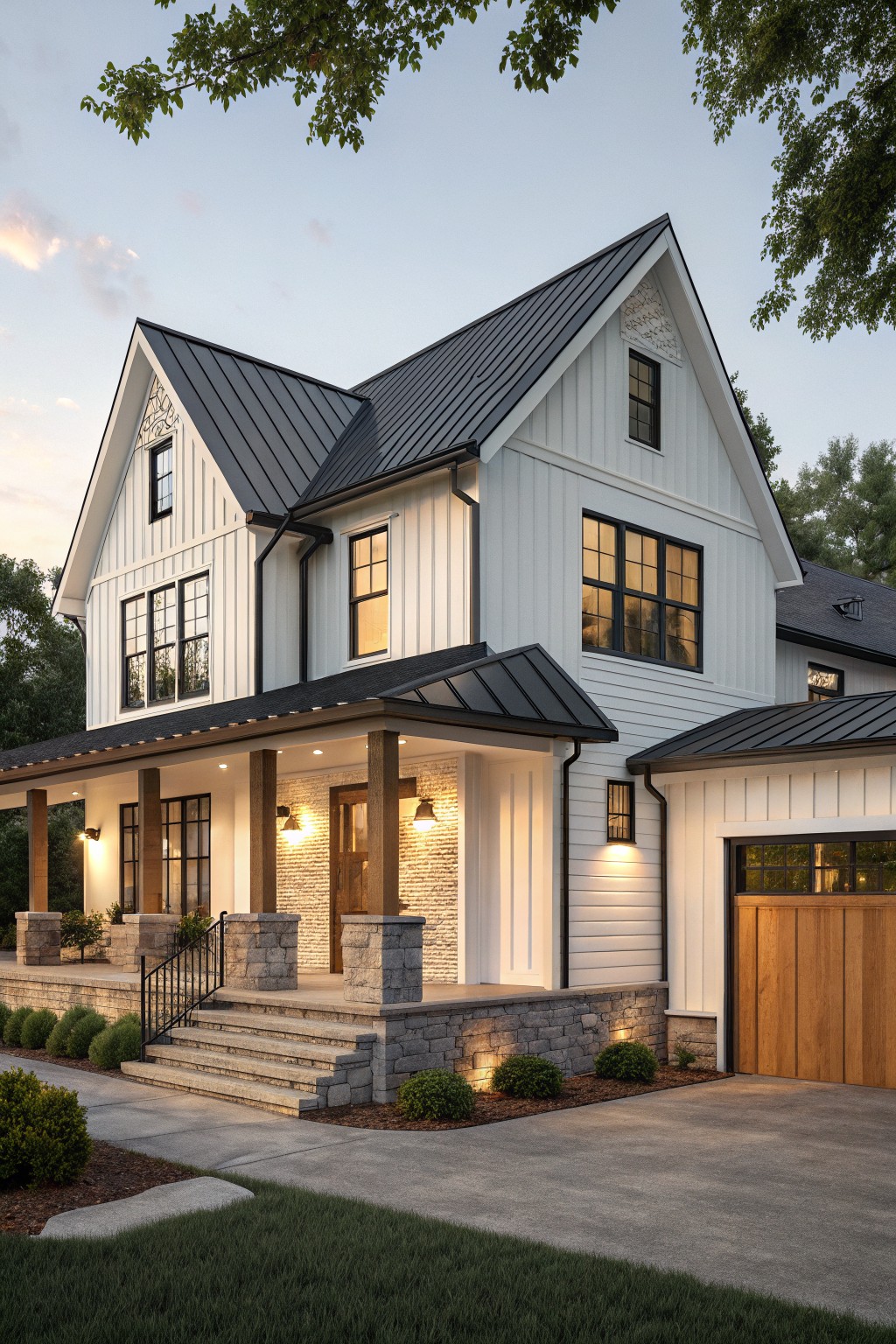 Two-story white board and batten house with black metal roof, covered front porch, stone accents, attached garage with wood door, landscaping, and driveway at dusk.