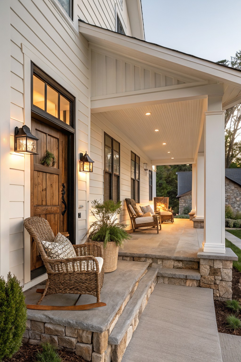 White board and batten sided house with covered front porch, dark wood entry door flanked by lanterns, wicker rocking chairs on stone steps, potted plant, and landscape shrubs.