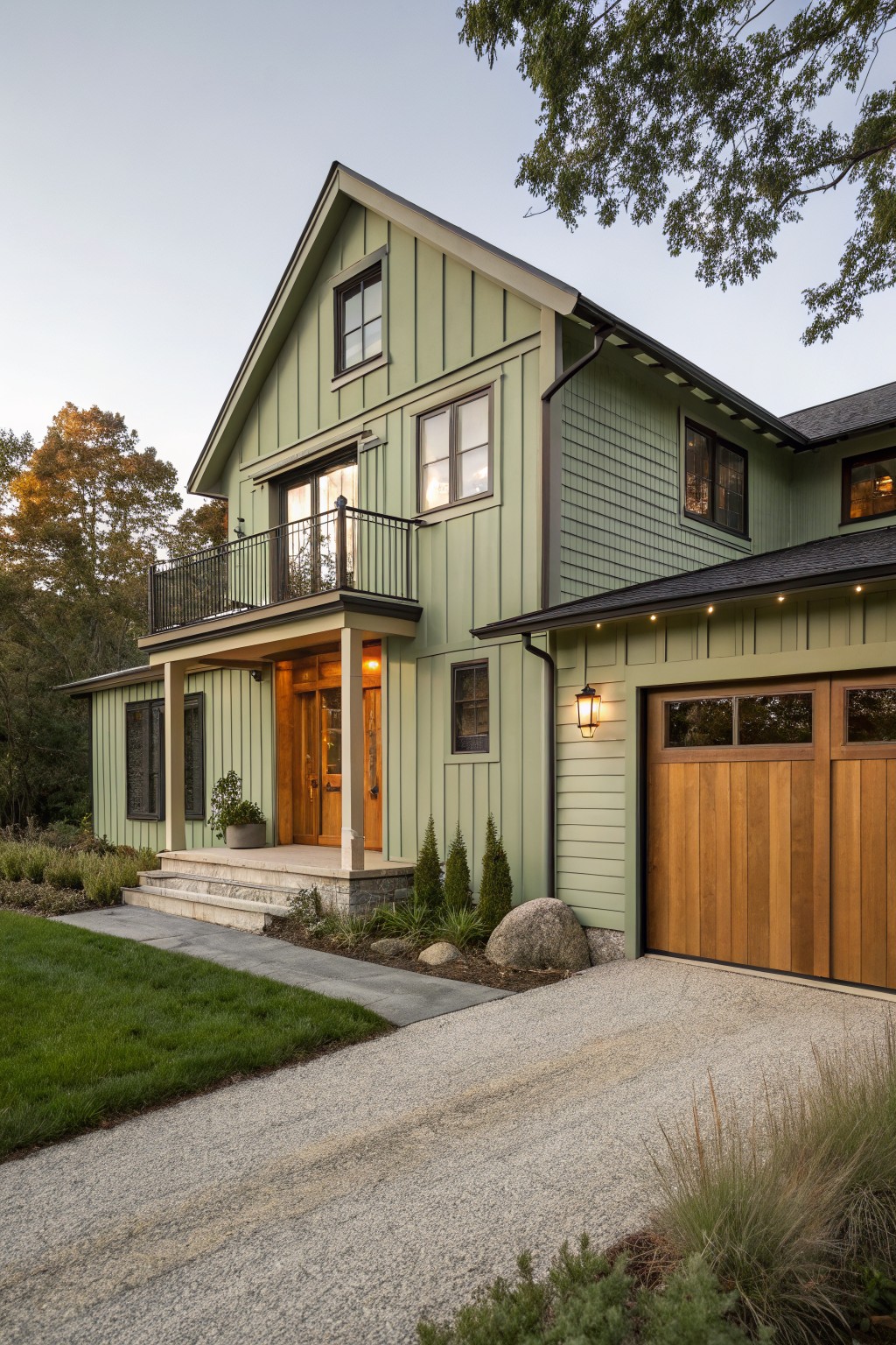 Two-story house exterior featuring sage green board and batten siding, wooden front door and double garage doors, covered porch with balcony above, stone steps, lantern light, and gravel driveway with landscaping.