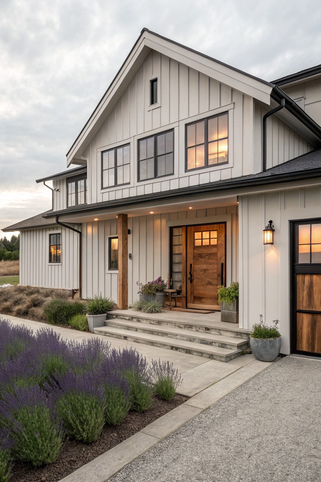 White board and batten sided modern farmhouse exterior with black trimmed windows and roof, covered front porch, wooden entry door, concrete steps, and rows of lavender plants along the path.