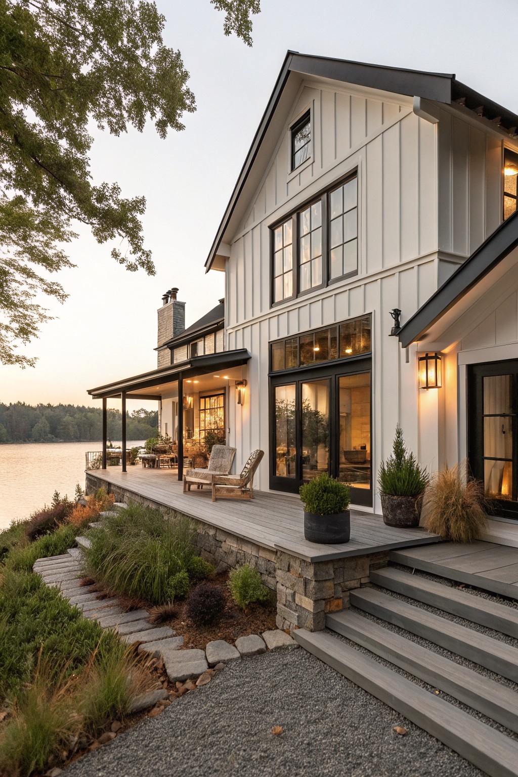Two-story modern farmhouse exterior with white vertical board and batten siding, black trim and roof, covered porch, deck with lounge chairs overlooking a lake, stone steps, and low plantings.