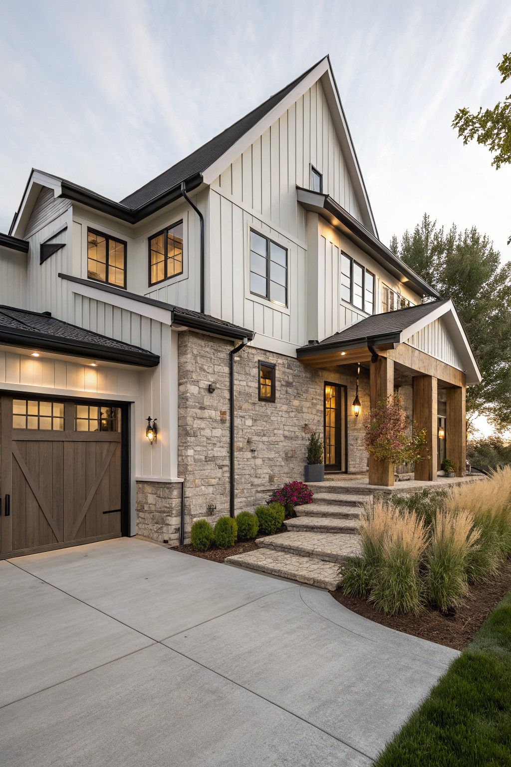 A modern farmhouse house exterior with white board and batten siding, black trim and roof, stone base on the garage with wooden garage door, covered entry porch, steps, and ornamental grasses in the yard at dusk.